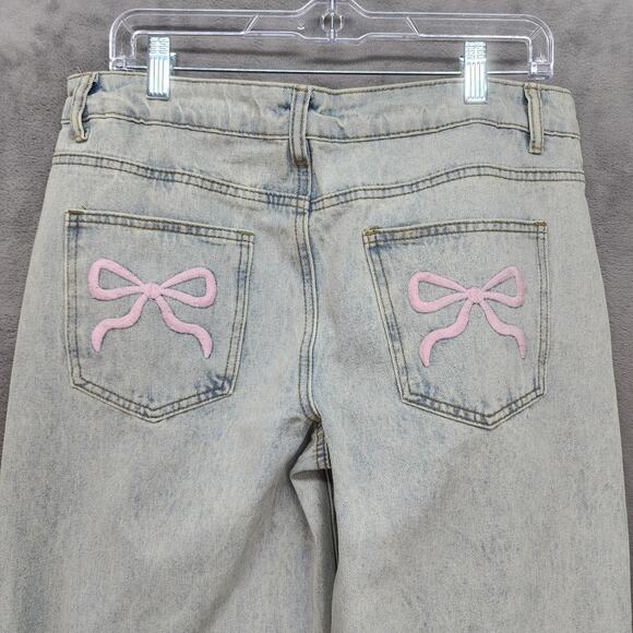 NWT Edikted Wide Leg Jean LARGE 32x30 Cotton Light Blue Denim Bow Pocket Relaxed - Picture 4 of 16